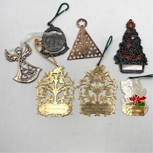VTG Metal Christmas Ornament Lot of 7 70s 80s Leonard Trees Angels Cat Medallion